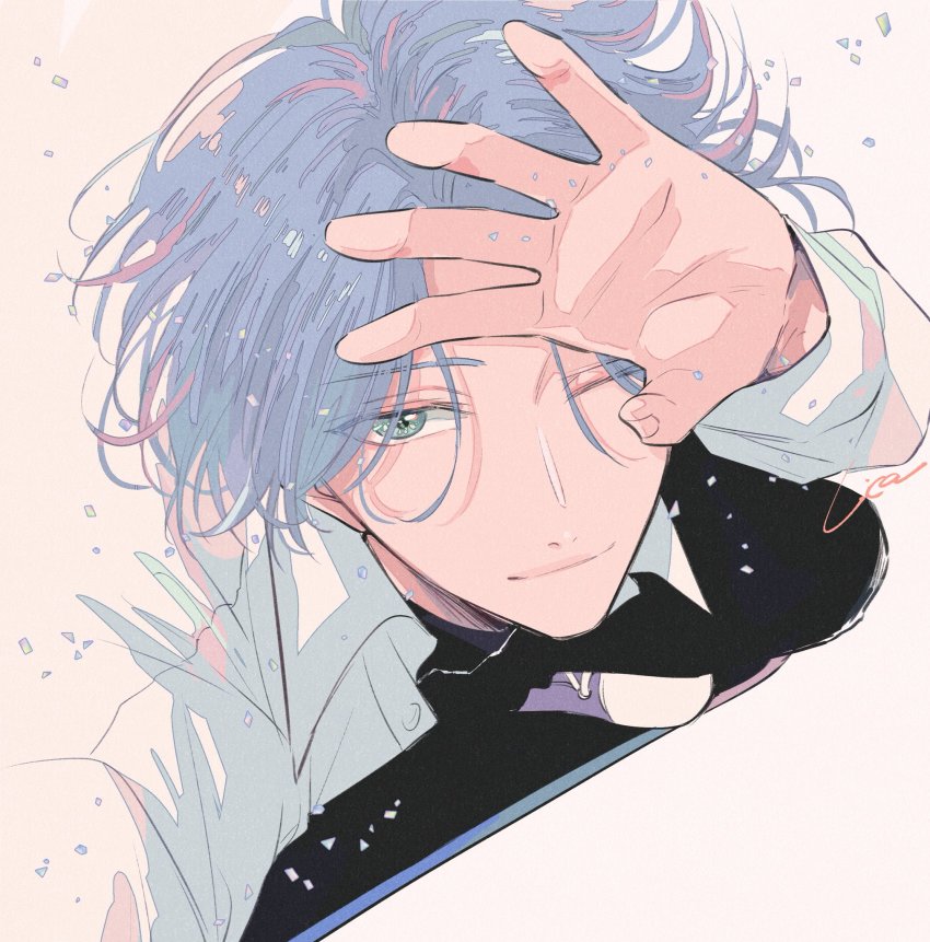 1boy, black_legwear, black_shirt, blue_hair, collared_shirt, confetti, eyebrows, fingernails, green_eyes, hair_between_eyes, hasegawa_langa, highres, honey11lica, light_smile, one_eye_closed, parted_bangs, shirt, short_hair, sk8_the_infinity, skateboard, smile, solo, white_footwear, white_shirt