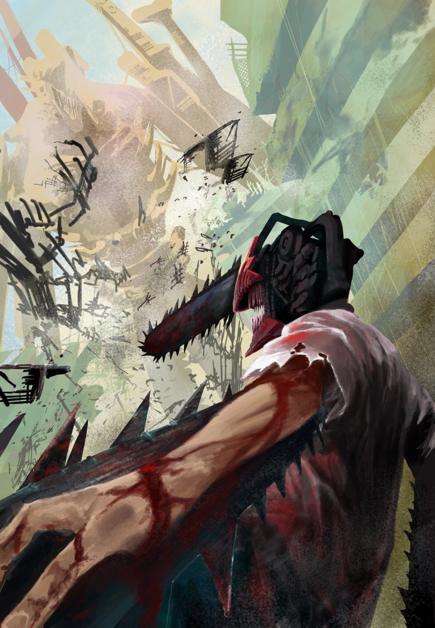 1boy, 1other, blood, blood_splatter, blood_on_clothes, blood_on_hands, bloody_weapon, building, chainsaw, chainsaw_man, denji_(chainsaw_man), fang, fangs, fighting, fighting_stance, gun, gun_devil_(chainsaw_man), highres, sharp_teeth, shirt, teeth, torn_clothes, weapon, white_shirt, wreckage, zaccostar