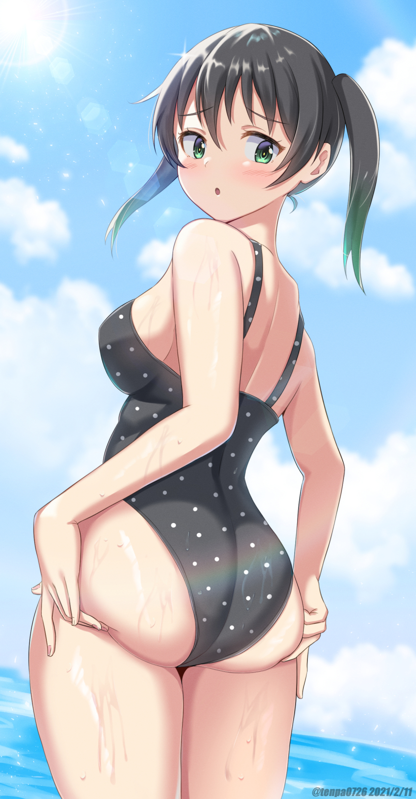 1girl, absurdres, ass, black_hair, black_one-piece_swimsuit, blue_sky, breasts, casual_one-piece_swimsuit, cloud, commentary_request, cowboy_shot, day, from_behind, green_eyes, hair_between_eyes, highres, large_breasts, lens_flare, love_live!, love_live!_nijigasaki_high_school_idol_club, medium_hair, one-piece_swimsuit, outdoors, polka_dot, polka_dot_swimsuit, sideboob, sky, solo, standing, sun, swimsuit, takasaki_yu, takasaki_yu_(swimsuit), tsuruyama_(tenten), twintails