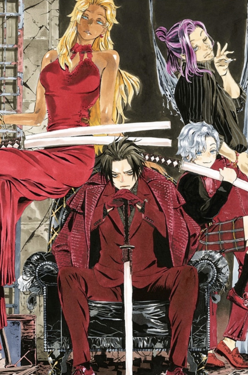 1girl, 3boys, bare_arms, bare_shoulders, black_eyes, black_hair, black_shirt, blonde_hair