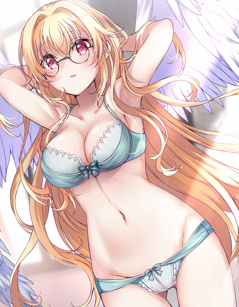 1girl, angel_wings, armpits, arms_behind_head, arms_up, bare_arms, bare_shoulders, blonde_hair