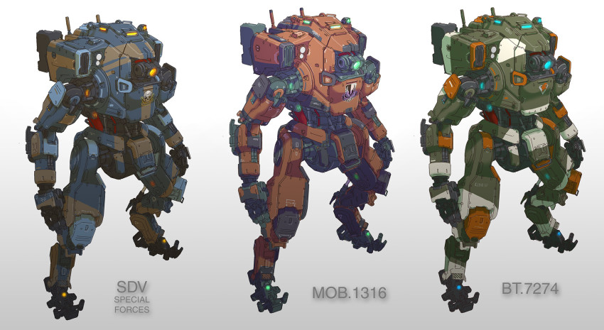 armor, blue_eyes, bt-7274, concept_art, glowing, glowing_eye, gradient_background, green_armor, green_eyes, grey_background, highres, looking_down, mecha, mecha_focus, mechanical_arms, mob-1316, monarch_(titanfall_2), no_humans, official_art, one-eyed, open_hands, orange_armor, orange_eyes, robot, science_fiction, shir0kuma, titan_(titanfall), titanfall_(series), titanfall_2, variations, vehicle_focus, white_background