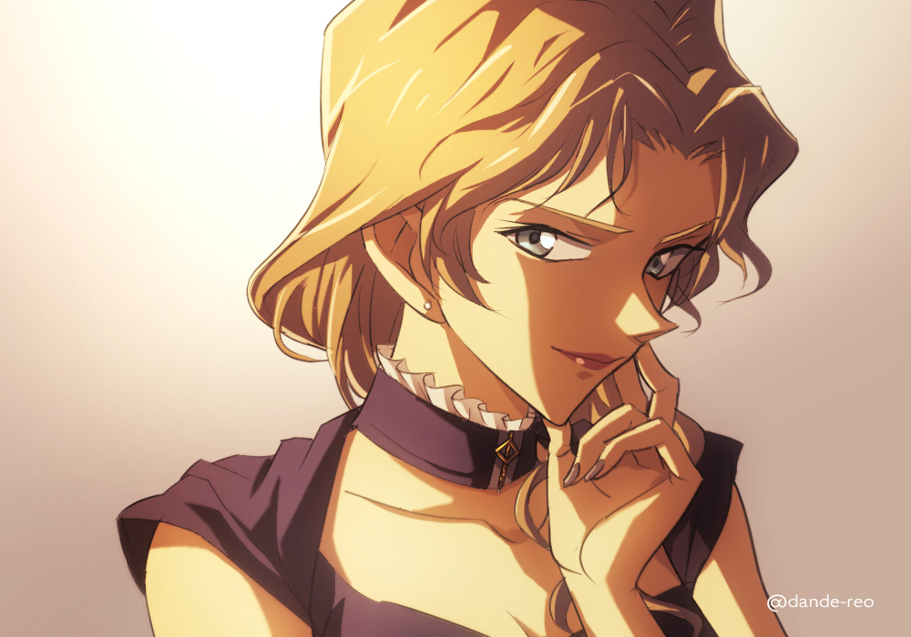 1girl, alternate_hair_length, alternate_hairstyle, blonde_hair, blue_eyes, blue_nails, breasts, cleavage, closed_mouth, collar, collarbone, commentary_request, dande-reo, dress, earrings, frilled_collar, frills, gradient_background, hand_on_own_cheek, hand_on_own_face, hand_up, jewelry, lips, lipstick, looking_at_viewer, makeup, meitantei_conan, nail_polish, purple_collar, purple_dress, short_hair, simple_background, smile, solo, twitter_username, upper_body, vermouth_(meitantei_conan)