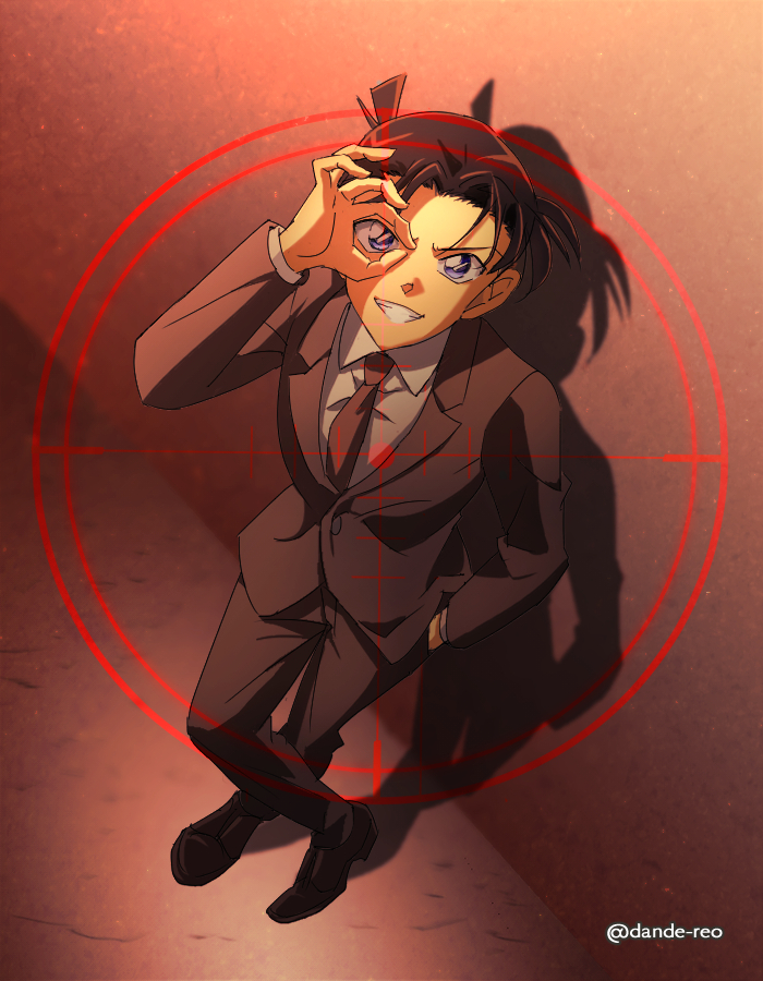 1boy, arm_up, black_jacket, black_necktie, black_pants, black_shoes, black_suit, blue_eyes