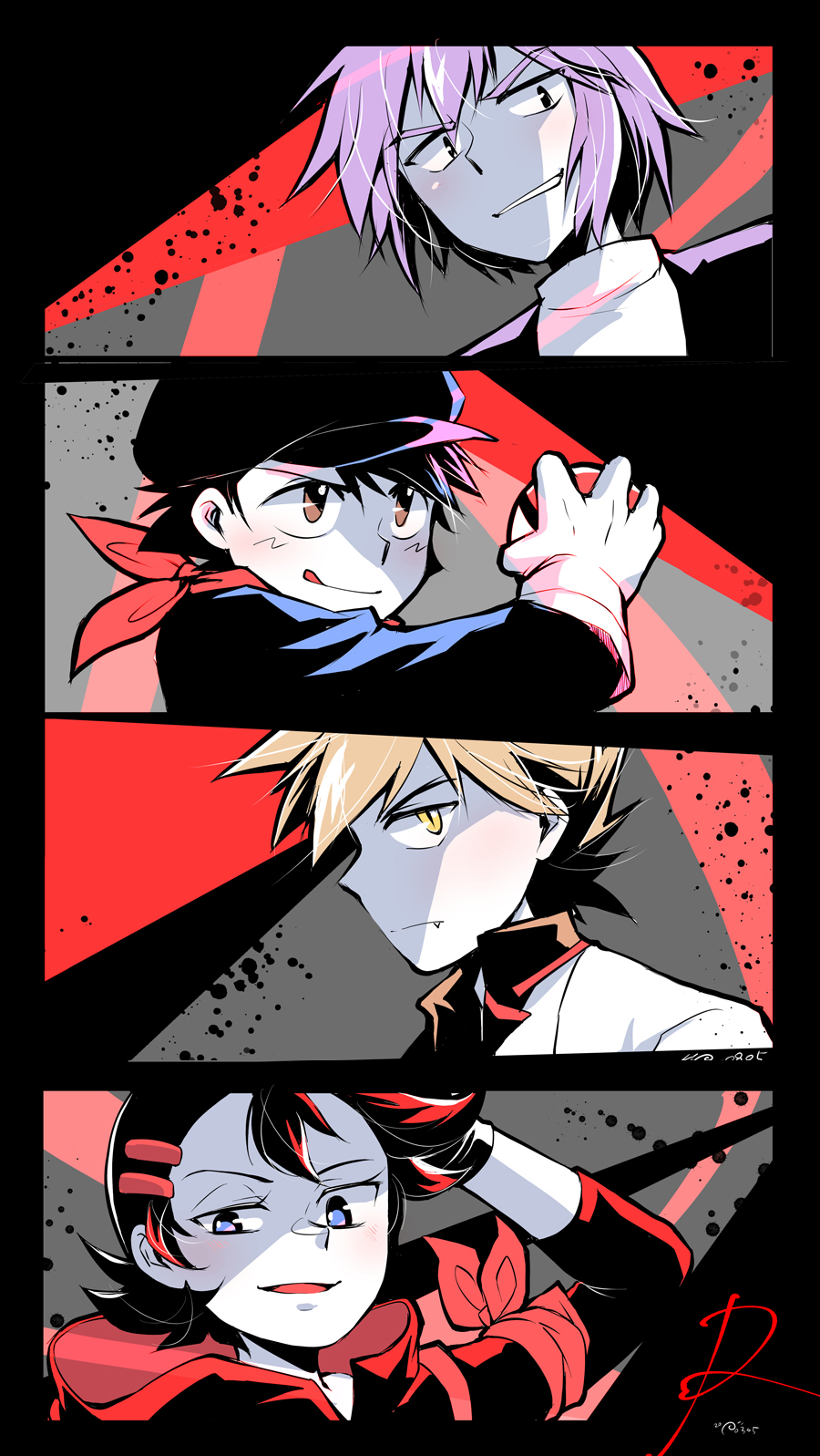 4boys, alternate_costume, ash_ketchum, black_hair, black_shirt, blue_eyes, brown_eyes, brown_hair