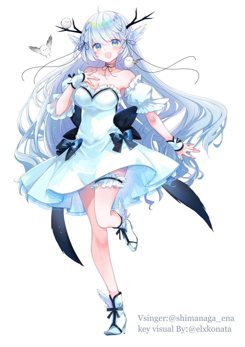 1girl, :d, animal, animal_on_shoulder, artist_name, back_bow, bird, bird_on_shoulder