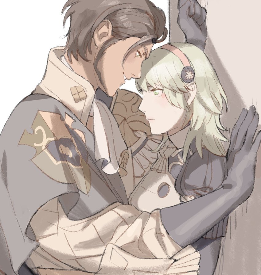 1boy, 1girl, against_wall, ascot, black_gloves, brown_hair, cape, claude_von_riegan