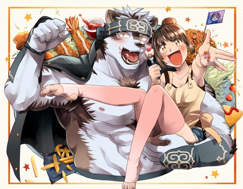1boy, 1girl, abs, ainu_clothes, alternate_costume, alternate_hairstyle, animal_ears, bare_pectorals