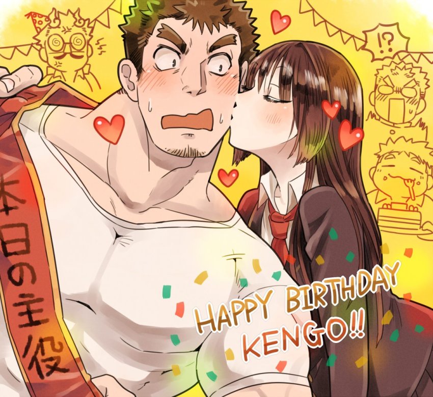 1boy, 1girl, birthday_sash, blush, brown_hair, chibi, chibi_inset, collarbone