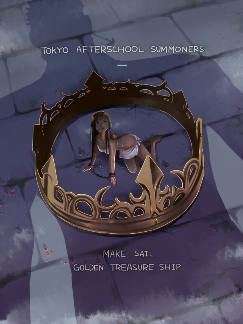 1boy, 1girl, aegir_(housamo), anchor_earrings, bikini, brown_hair, crown, cuffs, earrings, english_text, giant, giant_male, handcuffs, highres, jewelry, long_hair, looking_at_another, mini_person, minigirl, oversized_object, protagonist_2_(housamo), shadow, single_earring, solo_focus, sumi_wo_hakuneko, swimsuit, tokyo_houkago_summoners, white_bikini