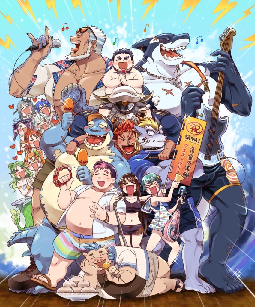 >_<, 6+boys, 6+girls, aegir_(housamo), ahab_(housamo), animal_ears, aqua_hair, arm_around_shoulder