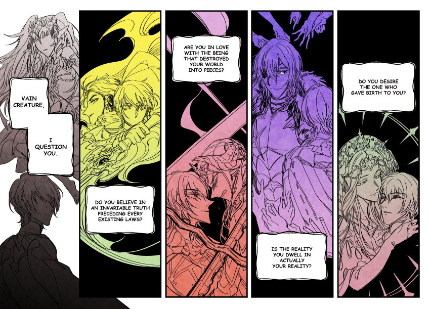 3boys, 3girls, absurdres, armor, black_background, bridal_gauntlets, male_byleth_(fire_emblem), cape