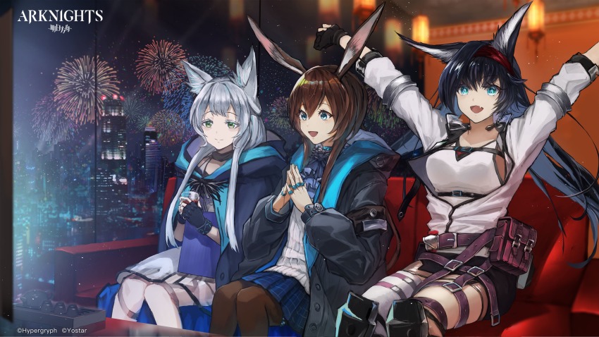 3girls, :d, absurdres, amiya_(arknights), animal_ears, arknights, arms_up, atuhi, belt, black_gloves, black_hair, black_legwear, black_skirt, blaze_(arknights), blue_eyes, blue_jacket, blue_skirt, breasts, brown_hair, cat_ears, city, copyright_name, cup, drinking_glass, fang, fingerless_gloves, fireworks, gloves, green_eyes, hairband, highres, holding, holding_cup, interlocked_fingers, jacket, long_hair, long_sleeves, medium_breasts, multiple_girls, official_art, open_mouth, own_hands_together, pantyhose, pouch, rabbit_girl, red_hairband, rosmontis_(arknights), shirt, silver_hair, skirt, smile, white_jacket, white_shirt