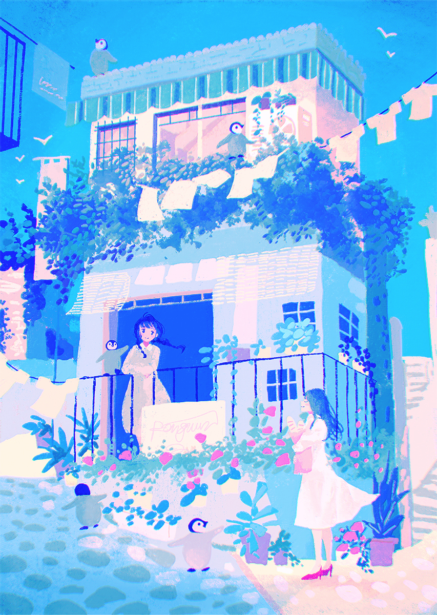 2girls, against_railing, bag, bare_legs, bird, window_blinds, blue_hair, blue_sky