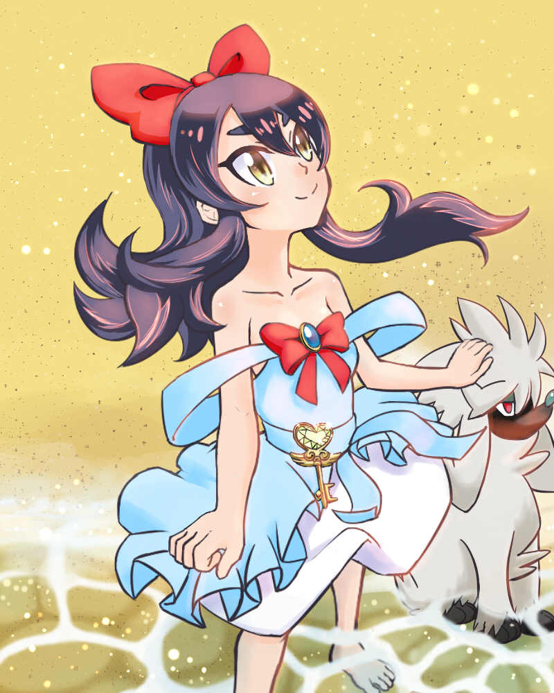 1girl, alouette_(pokemon), bare_shoulders, barefoot, black_hair, blue_dress, blush, bow, brown_eyes, closed_mouth, collarbone, dress, foot_out_of_frame, furfrou, furfrou_(natural), gen_6_pokemon, hair_between_eyes, hair_bow, hand_on_another's_head, long_hair, looking_to_the_side, looking_up, nintendo, off-shoulder_dress, off_shoulder, pokemon, pokemon_(anime), pokemon_(creature), pokemon_the_series:_xy, red_bow, serena100, smile, standing, water