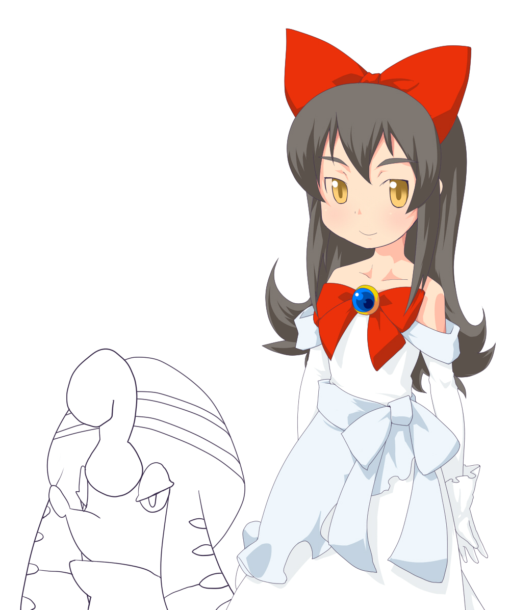 1girl, alouette_(pokemon), bad_id, bad_pixiv_id, bare_shoulders, black_hair, bow, brown_eyes