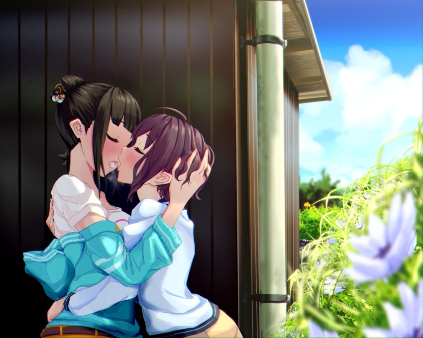 2girls, french_kiss, hamaguchi_ayame, hands_on_another's_head, highres, hug, idolmaster, idolmaster_cinderella_girls