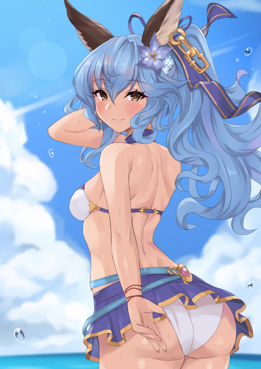 1girl, absurdres, adjusting_clothes, adjusting_swimsuit, animal_ears, arm_up, ass, back, bikini, bikini_skirt, blue_hair, blue_ribbon, blue_sky, bracelet, brown_eyes, closed_mouth, cloud, cloudy_sky, commentary_request, cowboy_shot, day, ferry_(granblue_fantasy), ferry_(summer)_(granblue_fantasy), flower, from_behind, granblue_fantasy, hair_flower, hair_ornament, hair_ribbon, hand_in_own_hair, highres, holding, jewelry, long_hair, looking_at_viewer, looking_back, outdoors, pm_tii_(matuko1024), ponytail, ribbon, sky, smile, solo, standing, swimsuit, wading, water_drop, white_bikini