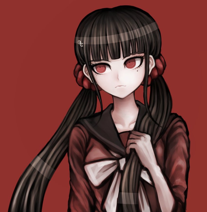 1girl, black_hair, blunt_bangs, closed_mouth, collarbone, commentary_request, danganronpa_(series), danganronpa_v3:_killing_harmony, hair_ornament, hair_scrunchie, hairclip, hand_up, harukawa_maki, highres, long_hair, long_sleeves, looking_at_viewer, low_twintails, mole, mole_under_eye, official_style, red_background, red_eyes, red_scrunchie, red_theme, sailor_collar, school_uniform, scrunchie, serafuku, shiromo_ooo, shirt, simple_background, smile, solo, twintails, upper_body