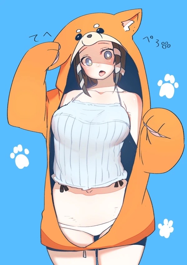 1girl, animal_costume, animal_ears, animal_hood, arrow, arrow_(en'en_no_shouboutai), breasts, en'en_no_shouboutai, hood, japanese_clothes, large_breasts, panties, shimobaru, short_hair, solo, tagme, tehepero, tongue, tongue_out, underwear