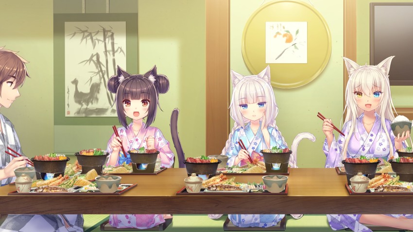 1boy, 3girls, :d, alternate_hairstyle, animal_ear_fluff, animal_ears, blonde_hair, blue_eyes