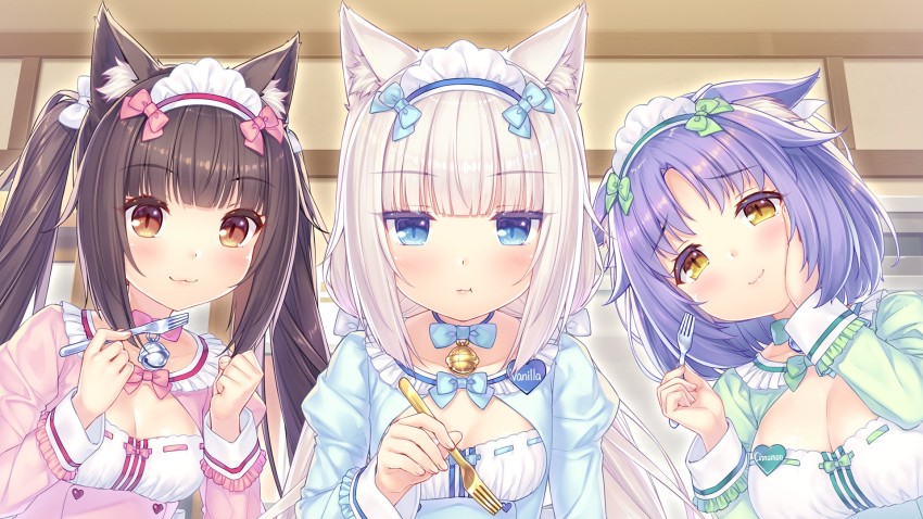 3girls, :3, animal_ear_fluff, animal_ears, bell, blonde_hair, blue_bow, blue_eyes