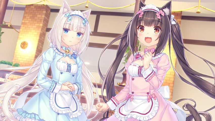 2girls, :3, :d, animal_ear_fluff, animal_ears, apron, bell, blonde_hair