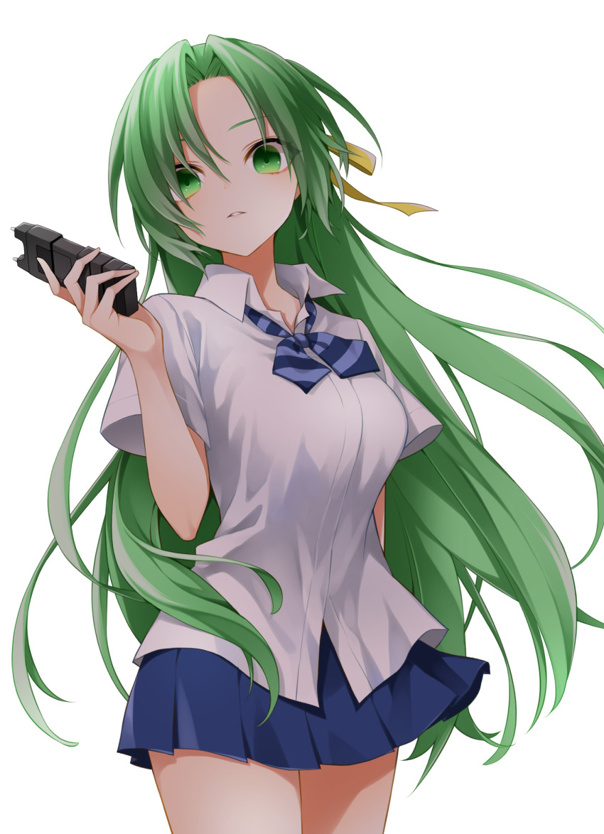 1girl, arm_behind_back, bad_id, bad_pixiv_id, blue_bow, blue_bowtie, blue_skirt, bow, bowtie, breasts, collared_shirt, commentary, cowboy_shot, green_eyes, green_hair, hair_between_eyes, hair_ribbon, hand_up, highres, higurashi_no_naku_koro_ni, holding, long_hair, looking_at_viewer, nekonoyuto, pleated_skirt, ribbon, school_uniform, shirt, simple_background, skirt, solo, sonozaki_shion, standing, striped_bow, striped_bowtie, striped_clothes, striped_neckwear, stun_gun, very_long_hair, white_background, white_shirt, yellow_ribbon