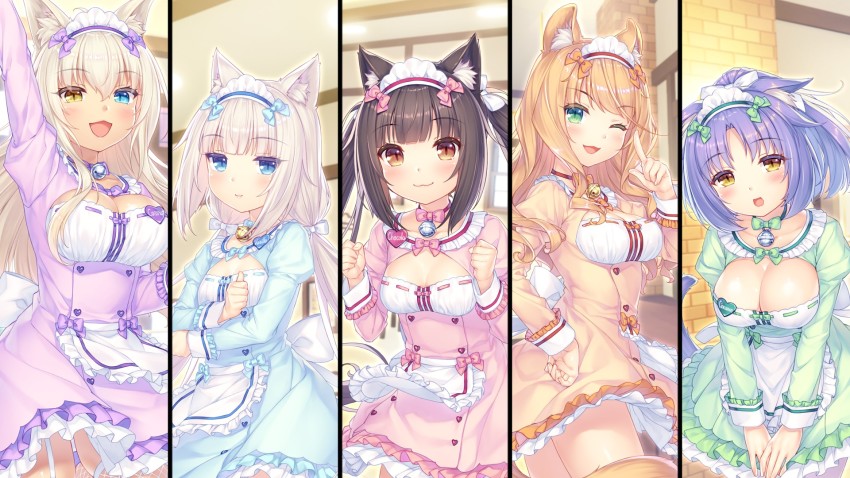 5girls, :3, animal_ear_fluff, animal_ears, apron, bell, blonde_hair, blue_bow, blue_dress, blue_eyes, bow, breasts, brown_hair, buttons, cafe, cat_cafe, cat_ears, cat_girl, cat_tail, character_name, chocola_(nekopara), cinnamon_(nekopara), coconut_(nekopara), collar, dress, game_cg, green_bow, green_dress, green_eyes, hair_bow, hair_ribbon, heart, heart_button, heterochromia, highres, jingle_bell, large_breasts, long_hair, low_twintails, maid, maid_apron, maid_headdress, maple_(nekopara), medium_breasts, multiple_girls, name_tag, neck_bell, nekopara, one_eye_closed, orange_bow, orange_dress, orange_eyes, orange_hair, pink_bow, pink_dress, purple_bow, purple_dress, purple_hair, ribbon, sayori_(neko_works), siblings, sisters, slit_pupils, small_breasts, smile, tail, twins, twintails, vanilla_(nekopara), very_long_hair, waitress, white_bow, white_ribbon, wink, yellow_eyes