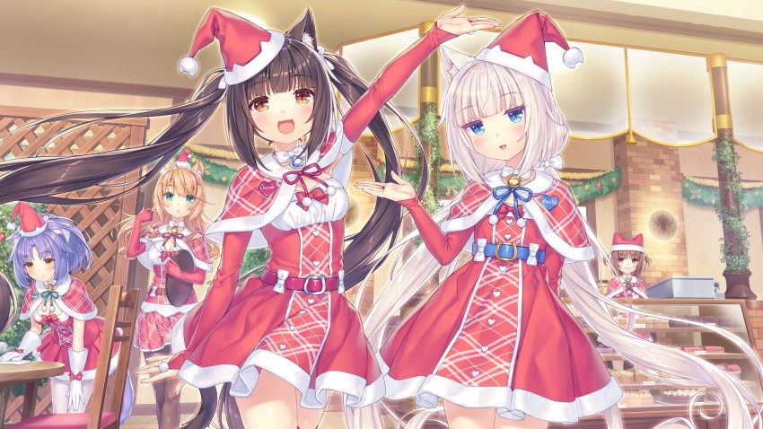 5girls, :3, :d, animal_ear_fluff, animal_ears, azuki_(nekopara), bell, belt, blonde_hair, blue_eyes, blush, bow, brown_eyes, brown_hair, buttons, cafe, cake, cat_cafe, cat_ears, cat_girl, cat_tail, chocola_(nekopara), christmas, christmas_ornaments, closed_mouth, collar, dot_nose, female_focus, food, game_cg, green_eyes, hair_bow, hat, heart_button, highres, indoors, long_hair, looking_at_viewer, low_twintails, maple_(nekopara), multiple_girls, name_tag, neck_bell, nekopara, open_mouth, orange_eyes, orange_hair, pantyhose, purple_hair, santa_hat, sayori_(neko_works), siblings, sisters, slit_pupils, smile, standing, tail, twins, twintails, two_side_up, vanilla_(nekopara), waitress, white_bow, yellow_eyes
