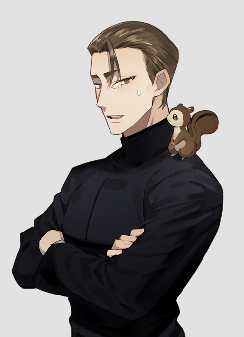 1boy, :d, animal, animal_on_shoulder, ayanokouji_fumimaro, black_shirt, blush, brown_eyes, brown_hair, chipmunk, commentary_request, crossed_arms, grey_background, kanamura_ren, long_sleeves, male_focus, meitantei_conan, on_shoulder, open_mouth, shirt, short_hair, simple_background, smile, solo, squirrel, sweatdrop, turtleneck, upper_body