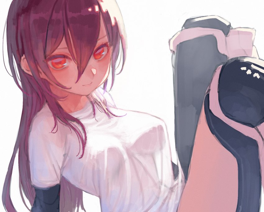 1girl, android, breasts, highres, hololive, leaning_back, long_hair, looking_at_viewer, mechanical_arms, mechanical_legs, medium_breasts, no_bra, nosir_onadat, red_eyes, roboco-san, roboco-san_(high-spec_t-shirt), see-through_clothes, shirt, simple_background, sitting, solo, virtual_youtuber, white_shirt