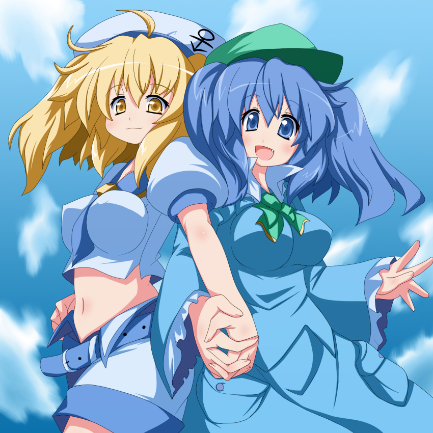 2girls, belt, blonde_hair, blue_eyes, blue_hair, breasts, fang, female_focus, holding_hands, hat, highres, kawashiro_nitori, kitashirakawa_chiyuri, large_breasts, lion_(macross_frontier), long_hair, macross, macross_frontier, midriff, multiple_girls, navel, oborotsuki_kakeru, parody, phantasmagoria_of_dim.dream, touhou, touhou_(pc-98), twintails, two_side_up, yellow_eyes