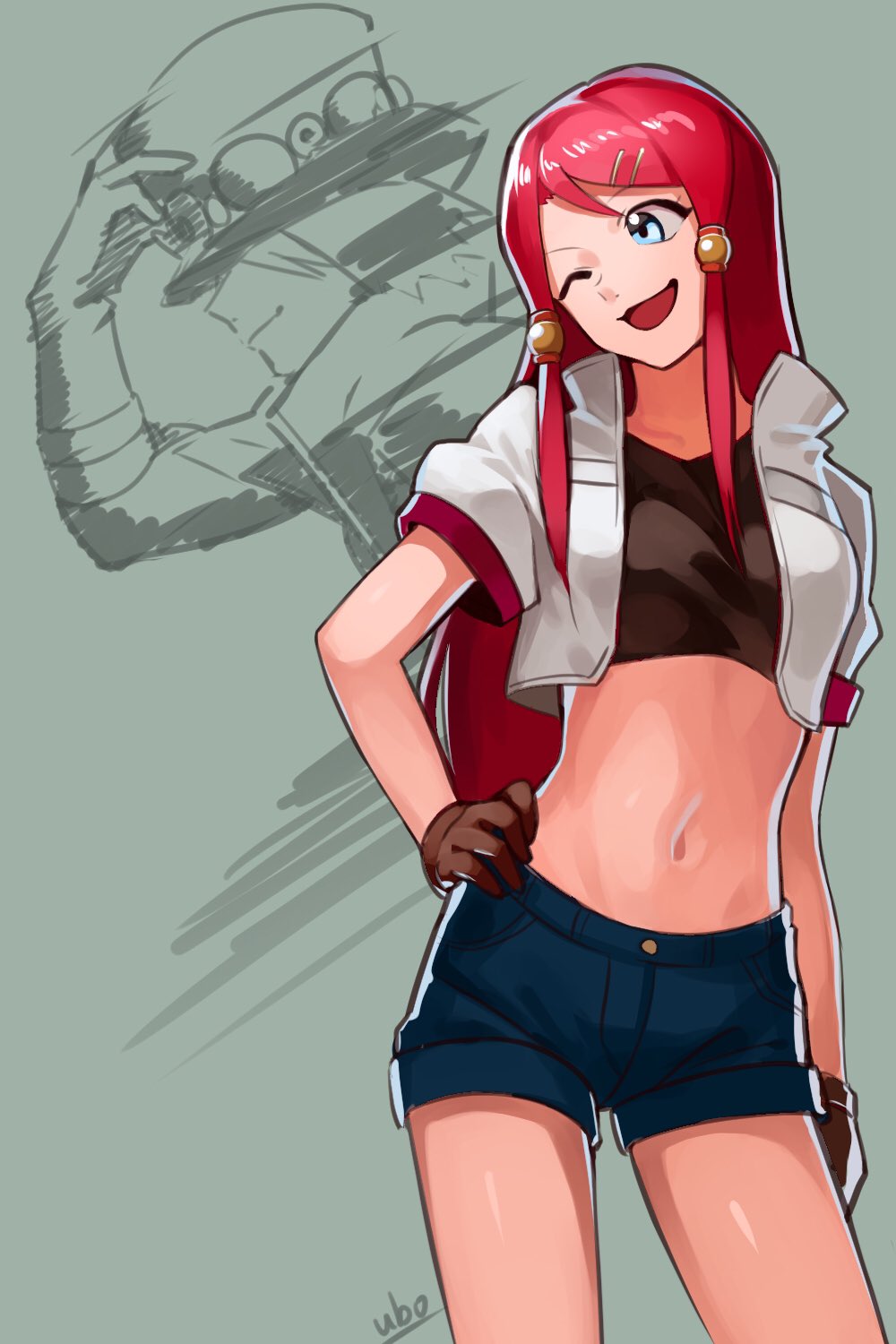 1girl, ;d, blue_eyes, blue_shorts, brown_gloves, collarbone, contrapposto, crop_top, dezel_(tales), gloves, grey_background, hair_ornament, head_tilt, highres, long_hair, midriff, navel, one_eye_closed, open_mouth, red_hair, rose_(tales), shiny_skin, short_shorts, shorts, signature, smile, solo, standing, stomach, swept_bangs, tales_of_(series), tales_of_zestiria, ubo_(ubo_tales), very_long_hair