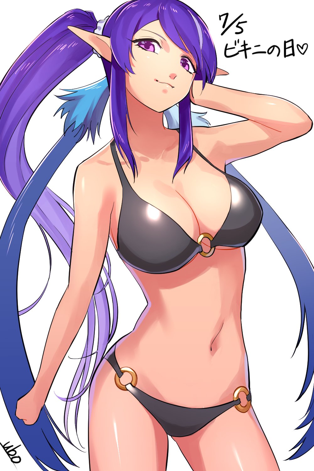1girl, bikini, black_bikini, breasts, cleavage, closed_mouth, collarbone, contrapposto