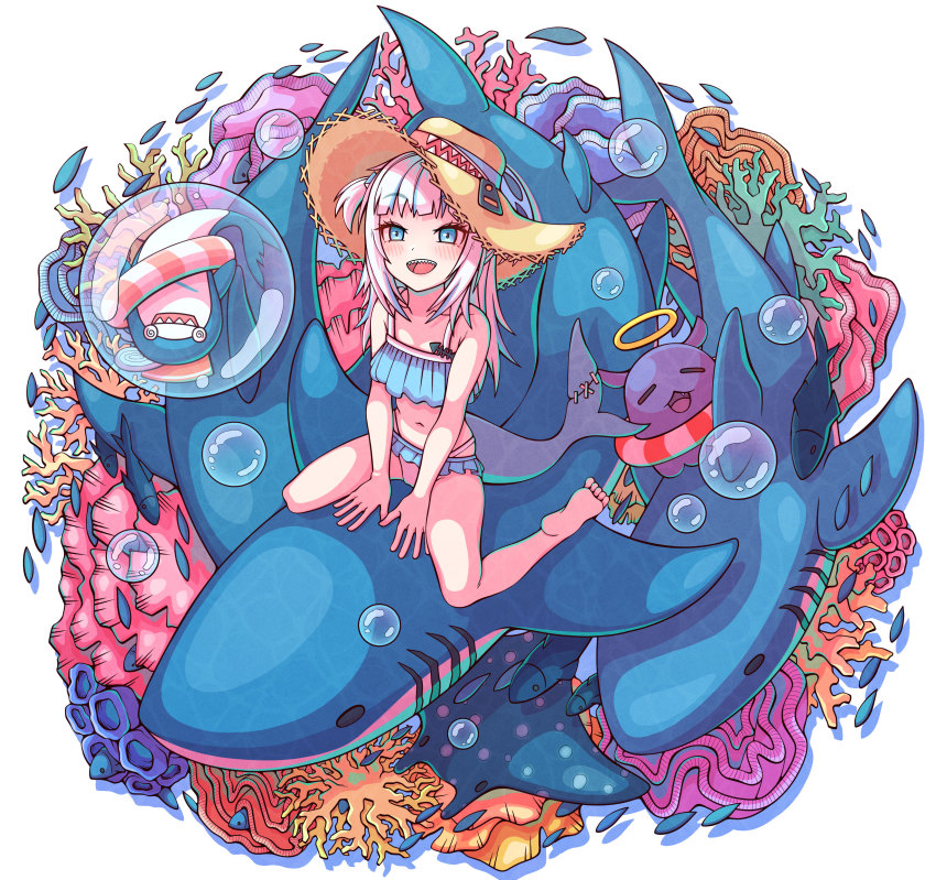 1girl, @_@, absurdres, alternate_costume, bare_legs, barefoot, bikini, bloop_(gawr_gura)