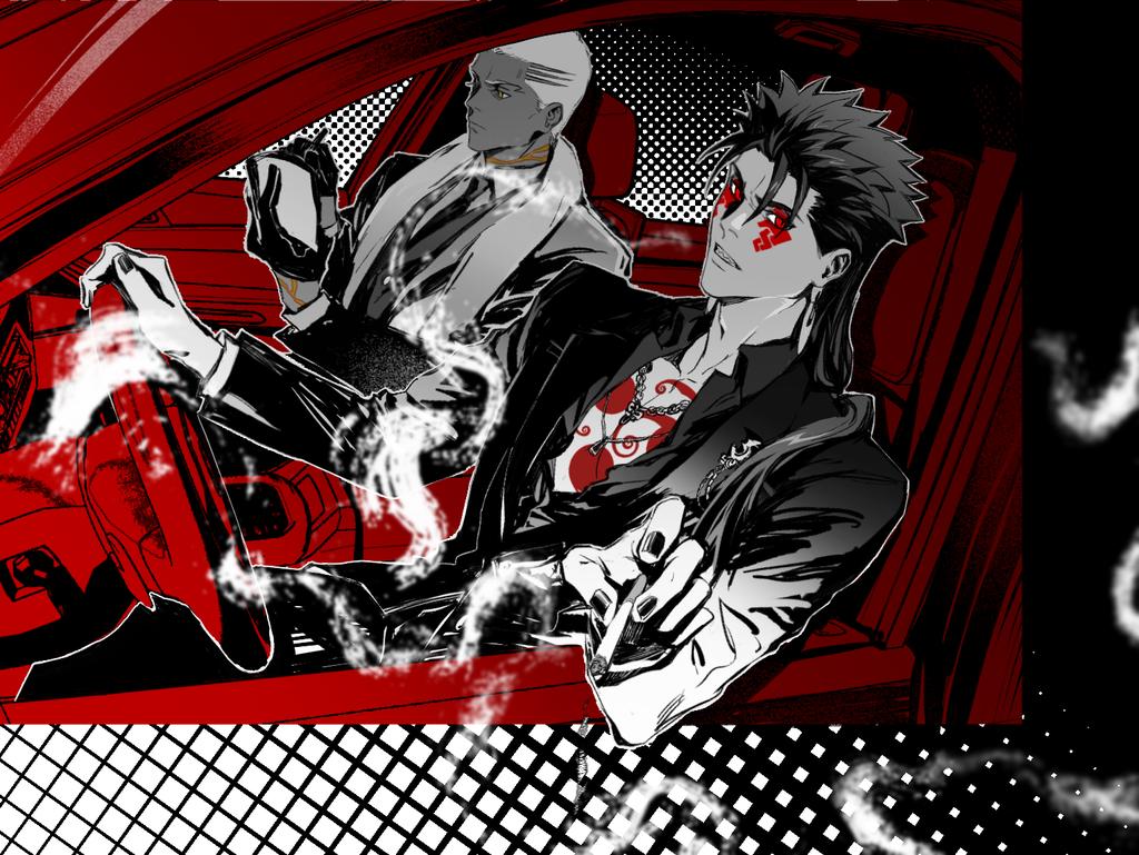 2boys, alternate_costume, bad_id, bad_twitter_id, banban, bodypaint, book, cigarette