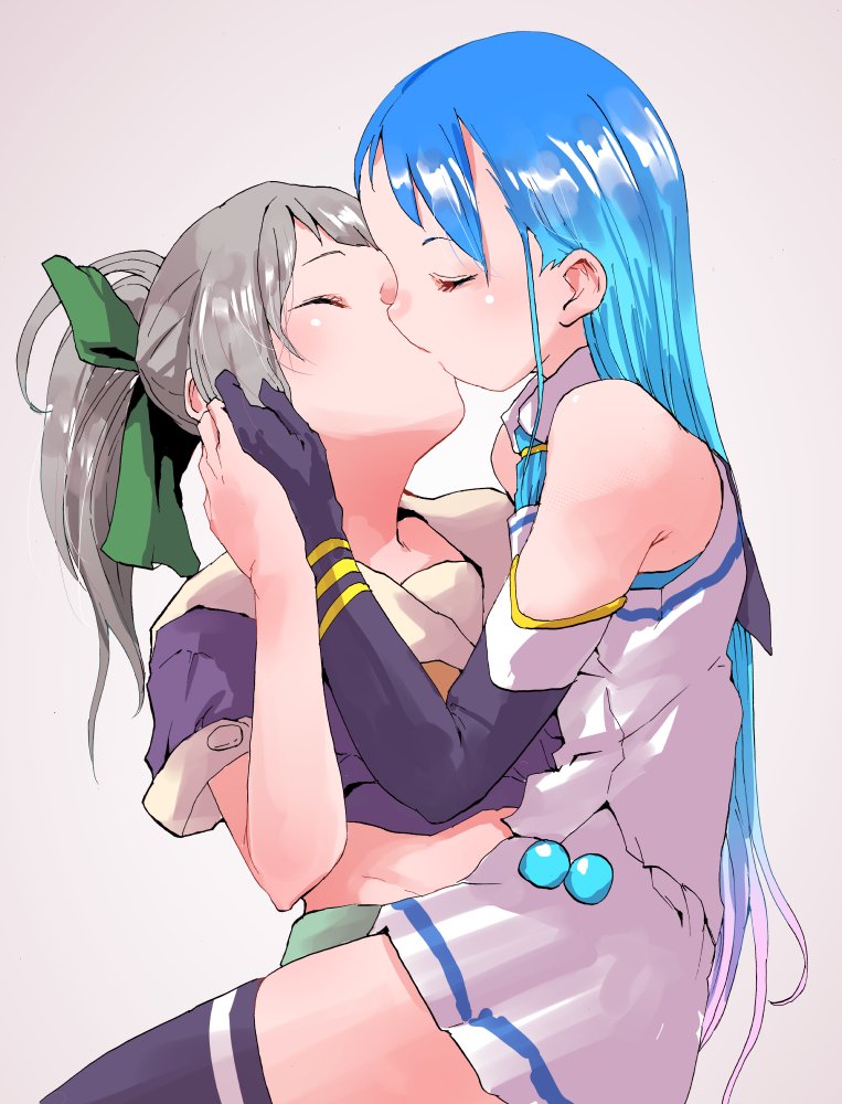 2girls, age_difference, beige_sailor_collar, black_gloves, black_legwear, blue_hair, bow, child, closed_eyes, commentary_request, cowboy_shot, crop_top, elbow_gloves, gloves, gradient_background, gradient_hair, grey_background, grey_hair, kantai_collection, kiss, long_hair, multicolored_hair, multiple_girls, n-mori, onee-loli, orange_bow, ponytail, sailor_collar, samidare_(kancolle), school_uniform, serafuku, shirt, sitting, skirt, sleeveless, sleeveless_shirt, swept_bangs, thighhighs, very_long_hair, white_skirt, yuri, yuubari_(kancolle)