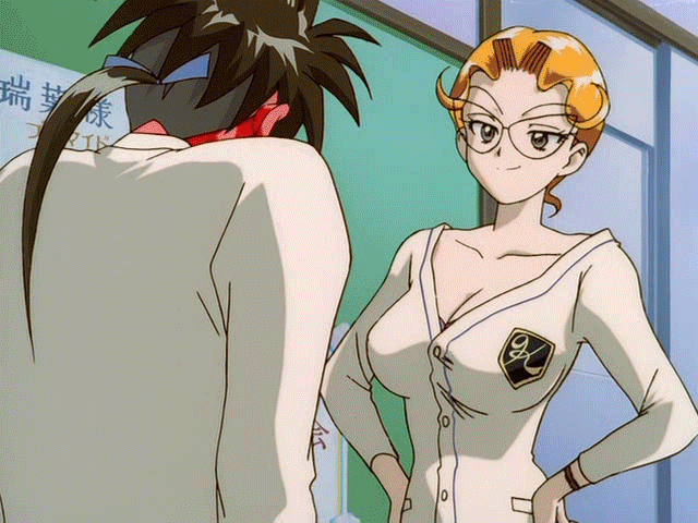 1girl, 3boys, @_@, animated, animated_gif, blonde_hair, blush, bouncing_breasts, breasts, cardigan, ceiling_light, cleavage, clenched_teeth, door, epilepsy_warning, falling, fluorescent_lamp, full-face_blush, glasses, hallway, hands_on_own_hips, impossible_cardigan, mahou_tsukai_tai!, medium_breasts, miyama_mizuha, multiple_boys, multiple_girls, necktie, negative, ponytail, school, school_uniform, shirt, sign, smug, sparkle, sweatdrop, tagme, takakura_takeo, talking, teeth, tongue, tongue_out, watch, wristwatch, yellow_shirt