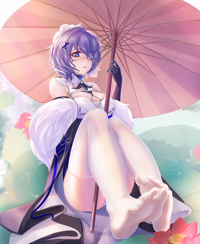 1girl, absurdres, arknights, black_gloves, black_umbrella, cross_hair_ornament, eyepatch, feet, flower, foreshortening, fur_shawl, gloves, hair_ornament, highres, holding, holding_syringe, holding_umbrella, long_hair, luai, medical_eyepatch, no_shoes, official_alternate_costume, one_eye_covered, pantyhose, purple_eyes, shawl, short_hair, soles, syringe, toes, umbrella, whisperain_(arknights), whisperain_(tremble_cold)_(arknights), white_pantyhose, x_hair_ornament