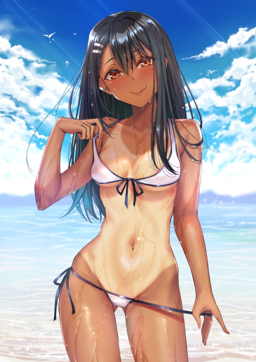 1girl, absurdres, bare_arms, bare_shoulders, bikini, bikini_pull, black_hair, black_ribbon, blue_sky, blush, breasts, cleavage, closed_mouth, clothes_pull, cloud, collarbone, cowboy_shot, day, front-tie_bikini_top, front-tie_top, gluteal_fold, groin, gu_li, hair_ornament, hairclip, head_tilt, highres, ijiranaide_nagatoro-san, long_hair, looking_at_viewer, nagatoro_hayase, nail_polish, navel, ocean, one-piece_tan, outdoors, red_eyes, red_nails, ribbon, signature, sky, small_breasts, smile, solo, stomach, strap_lift, swimsuit, tan, tanline, underboob, water, water_drop, wet, wet_hair, white_bikini