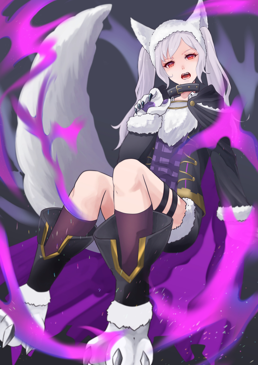 1girl, absurdres, animal_ears, animal_hands, aura, collar, dark_aura, female_robin_(fire_emblem), female_robin_(grima)_(fire_emblem), female_robin_(grima)_(halloween)_(fire_emblem), fire_emblem, fire_emblem_awakening, fire_emblem_heroes, fur_trim, gloves, grima_(fire_emblem), halloween_costume, highres, long_sleeves, nintendo, open_mouth, paw_gloves, red_eyes, shorts, solo, tail, thigh_strap, twintails, tyotto_ko_i, white_hair, wolf_ears, wolf_tail
