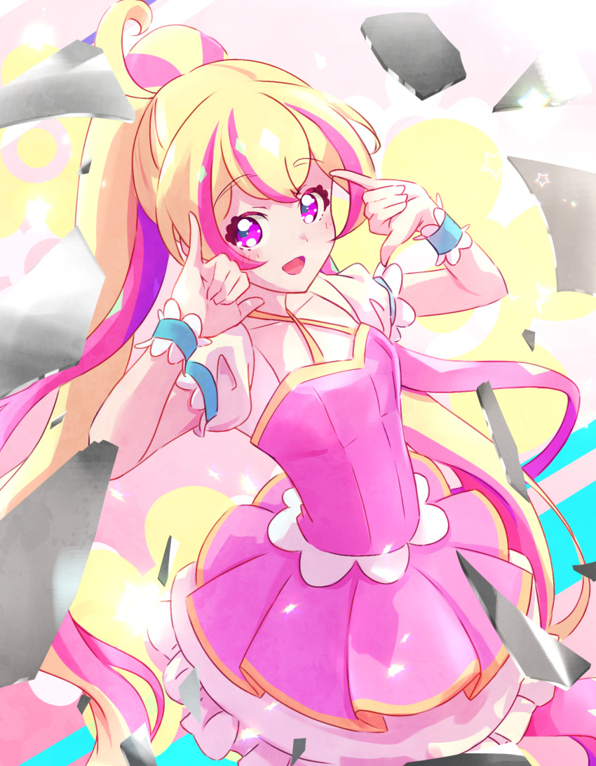 1girl, :d, aikatsu!_(series), aikatsu_planet!, blonde_hair, blush, broken_mirror, commentary