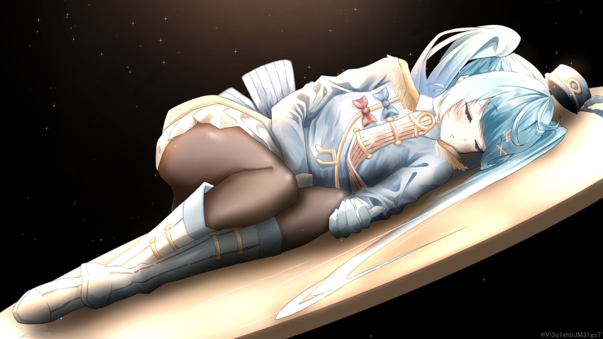 1girl, aqua_hair, bad_id, bad_pixiv_id, band_uniform, black_background, black_pantyhose, blue_bow, blue_hat, blue_jacket, boots, bow, closed_eyes, dutch_angle, epaulettes, fetal_position, gloves, hair_ornament, hairclip, hat, hat_feather, hatsune_miku, highres, jacket, knee_boots, light_particles, long_hair, lying, mini_hat, mini_shako_cap, on_side, pantyhose, red_bow, shako_cap, shirubaa, sleeping, solo, spotlight, twintails, very_long_hair, vocaloid, white_gloves, yuki_miku, yuki_miku_(2020)