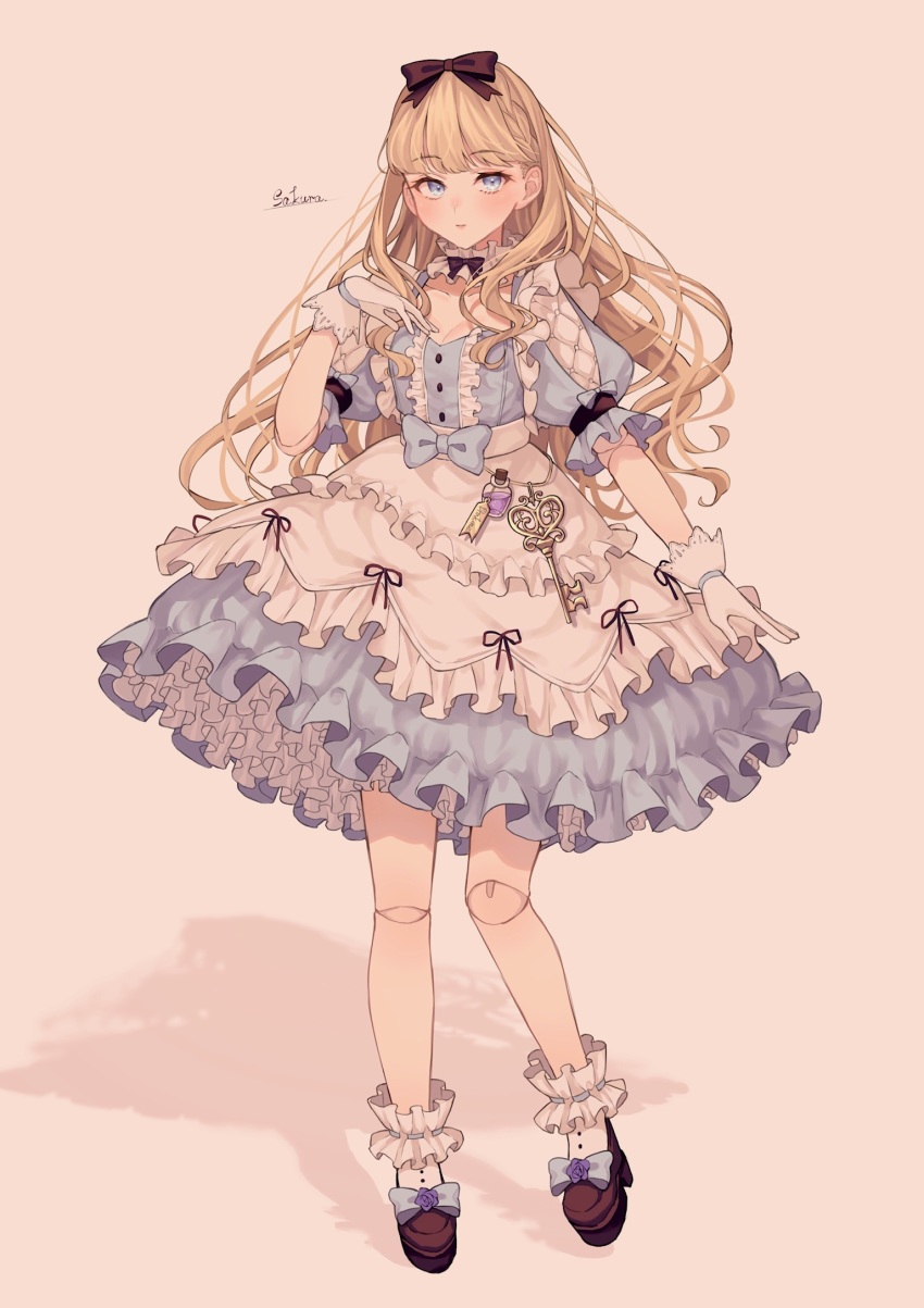 1girl, artist_name, black_bow, black_ribbon, blonde_hair, blue_bow, blue_dress, blue_eyes