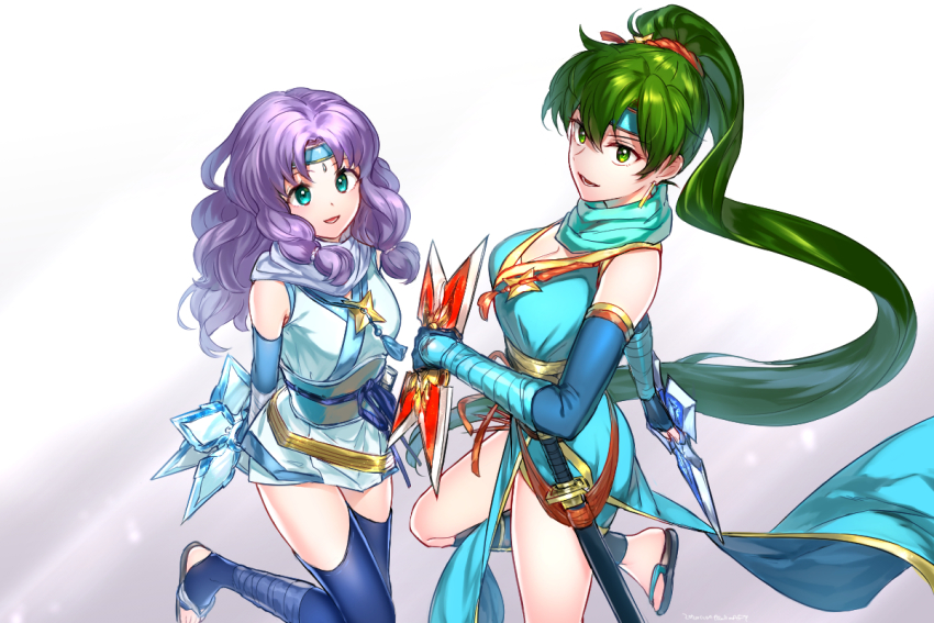 2girls, blue_legwear, breasts, circlet, cleavage, dual_wielding, earrings, elbow_gloves