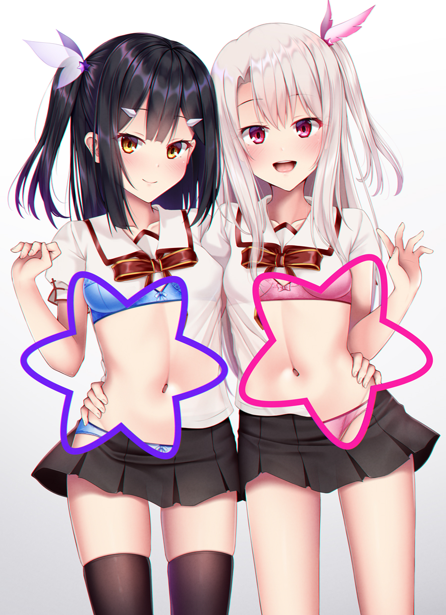 2girls, :d, black_hair, black_legwear, black_skirt, blue_bra, blue_panties, blush, bow, bow_bra, bow_panties, bra, breasts, brown_eyes, collarbone, cowboy_shot, fate/kaleid_liner_prisma_illya, fate_(series), female_focus, hair_ornament, hairclip, hand_on_another's_hip, hand_up, highres, homurabara_academy_school_uniform, illyasviel_von_einzbern, long_hair, looking_at_viewer, medium_breasts, miniskirt, miyu_edelfelt, multiple_girls, one_side_up, open_mouth, panties, pink_bra, pink_panties, pleated_skirt, puririn, red_eyes, red_ribbon, revealing_layer, ribbon, school_uniform, shirt, short_sleeves, side-by-side, sidelocks, simple_background, skirt, small_breasts, smile, star_(symbol), striped, teeth, thighhighs, underwear, upper_teeth_only, white_shirt, zettai_ryouiki