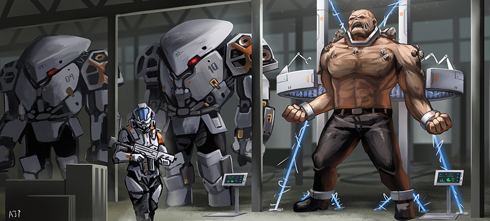 4boys, ark_john_up, armor, artist_name, assault_rifle, elid_(girls'_frontline), full_body, girls'_frontline, gun, holding, holding_gun, holding_weapon, indoors, mecha, monitor, multiple_boys, paradeus, restrained, rifle, roarer_(girls_frontline), robot, smasher_(girls'_frontline), standing, strelet_(girls'_frontline), weapon