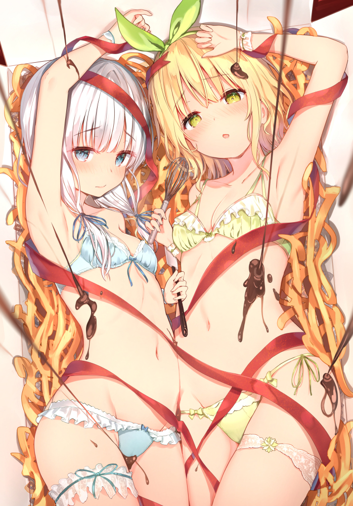 2girls, armpits, arms_up, blonde_hair, blue_bra, blue_eyes, blue_panties, blush