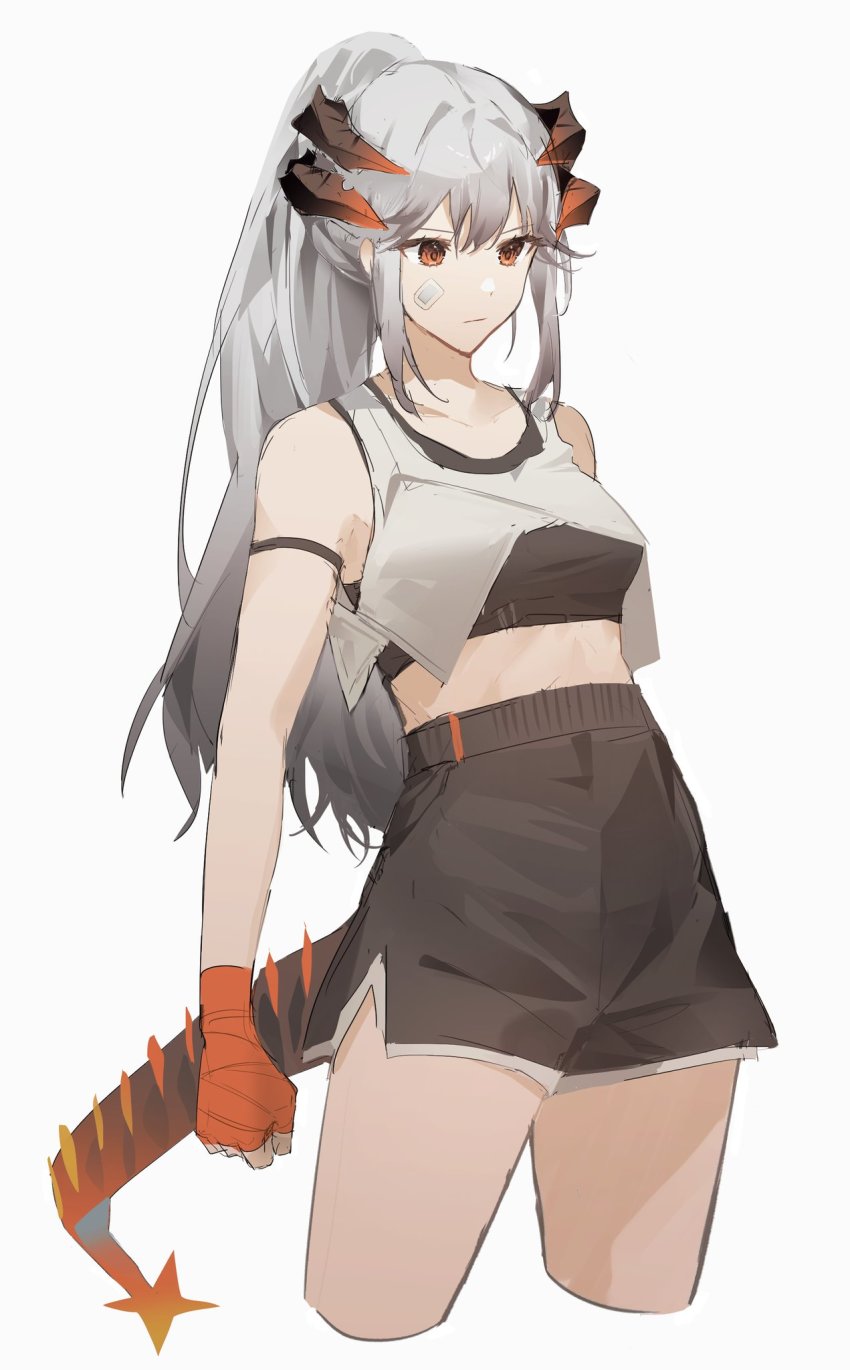 1girl, arknights, bad_id, bad_twitter_id, bandaged_hand, black_shorts, breasts, closed_mouth